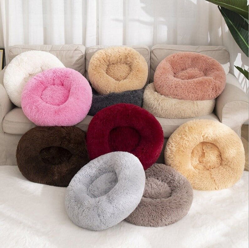 Premium Donut Plush Pet Dog Cat Bed Fluffy Soft Warm Calming Bed Sleeping Nest