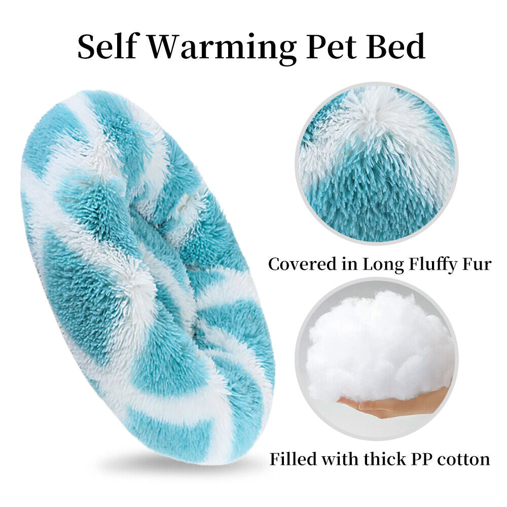 Premium Donut Plush Pet Dog Cat Bed Fluffy Soft Warm Calming Bed Sleeping Nest