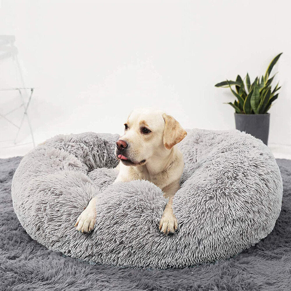 Premium Donut Plush Pet Dog Cat Bed Fluffy Soft Warm Calming Bed Sleeping Nest