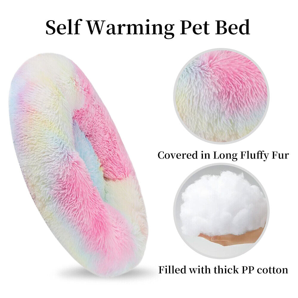 Premium Donut Plush Pet Dog Cat Bed Fluffy Soft Warm Calming Bed Sleeping Nest