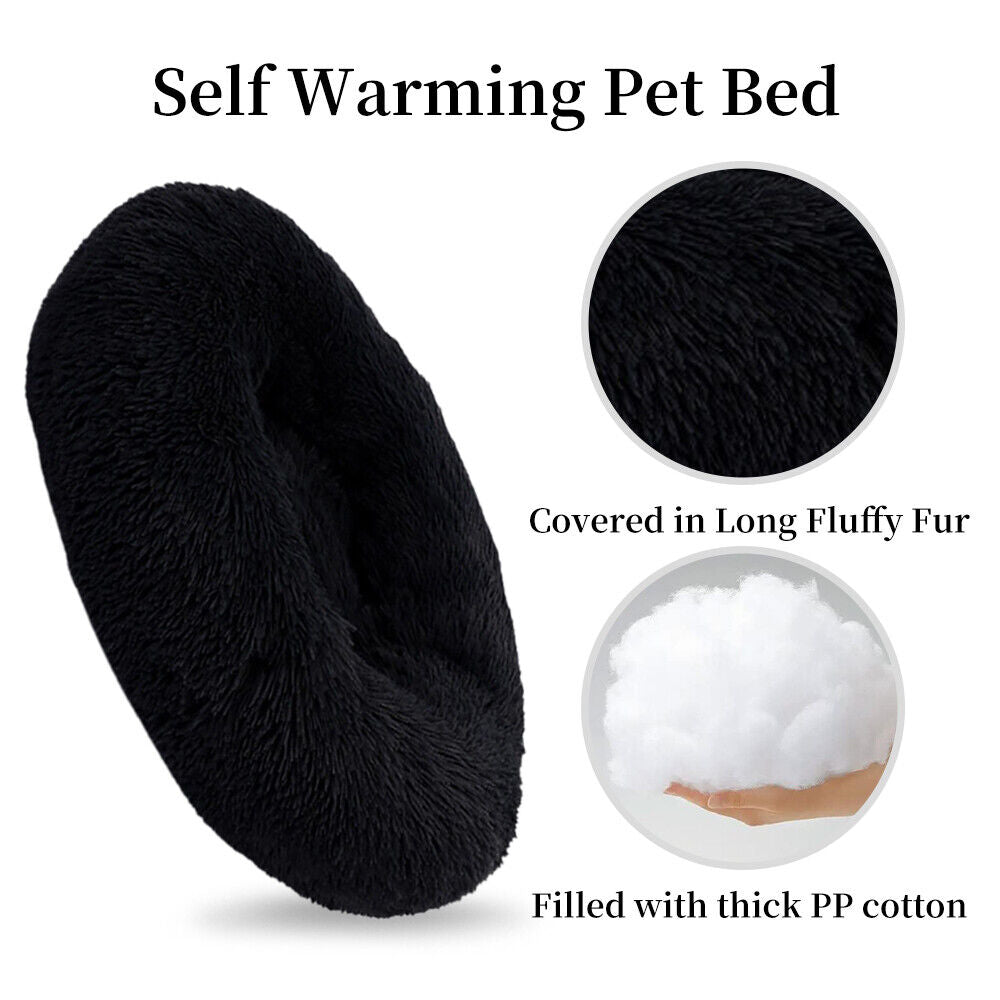 Premium Donut Plush Pet Dog Cat Bed Fluffy Soft Warm Calming Bed Sleeping Nest