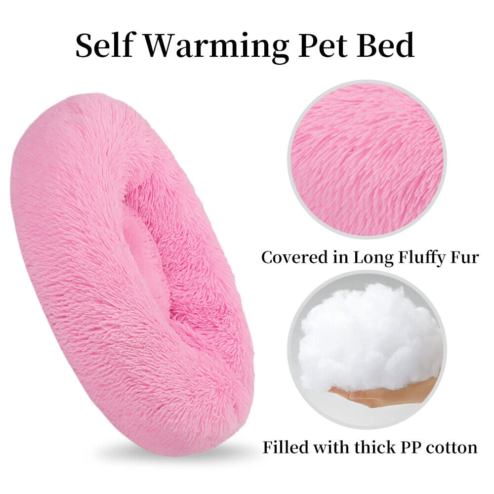 Premium Donut Plush Pet Dog Cat Bed Fluffy Soft Warm Calming Bed Sleeping Nest