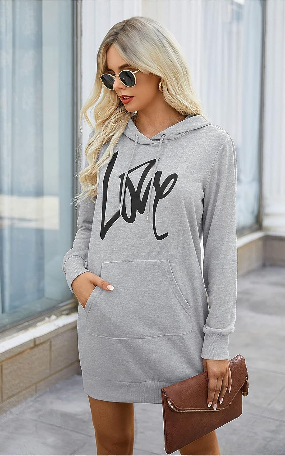 Women'S Hooded Sweatshirt Drawstring Lightweight Long Sleeve Pullover Hoodie Dress