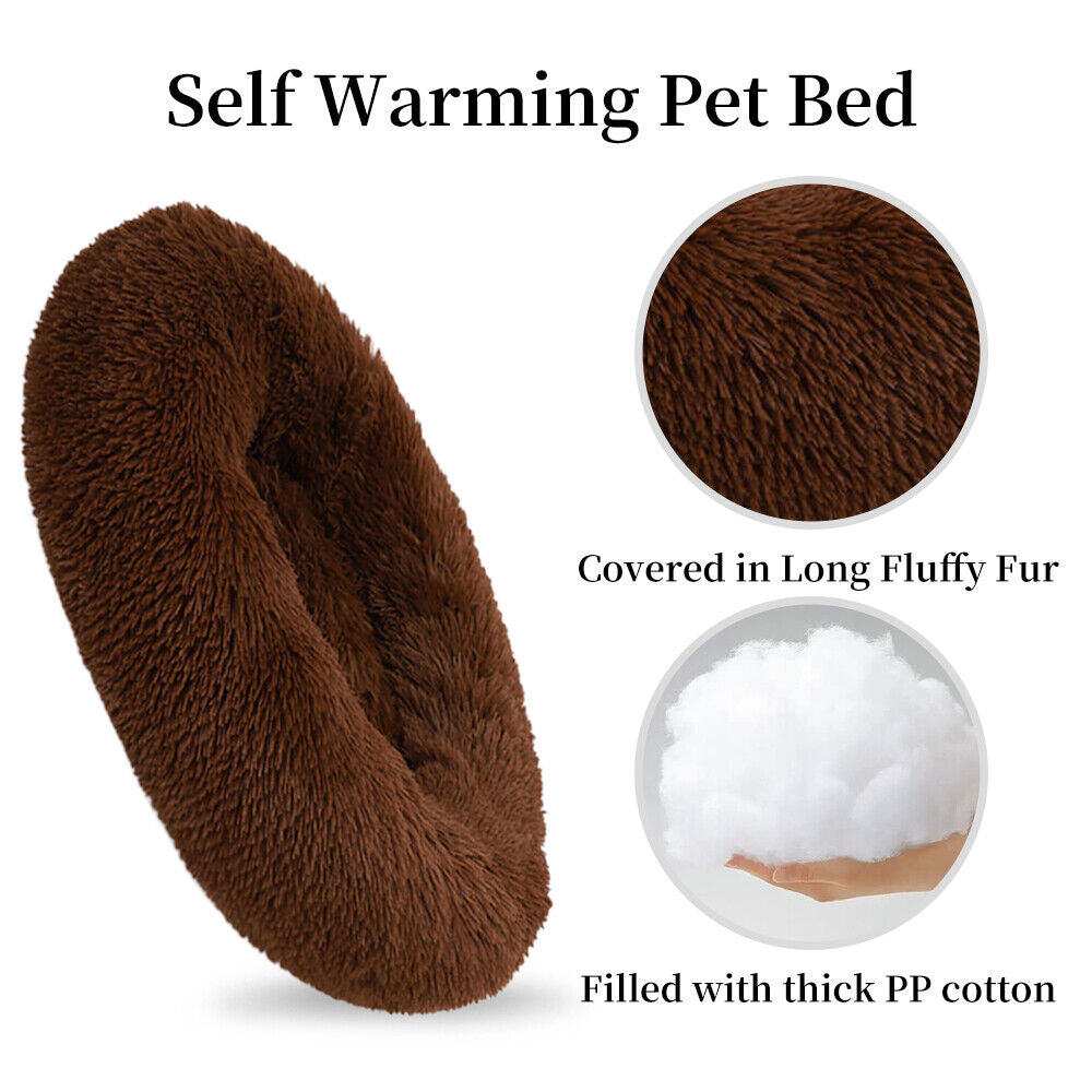 Premium Donut Plush Pet Dog Cat Bed Fluffy Soft Warm Calming Bed Sleeping Nest