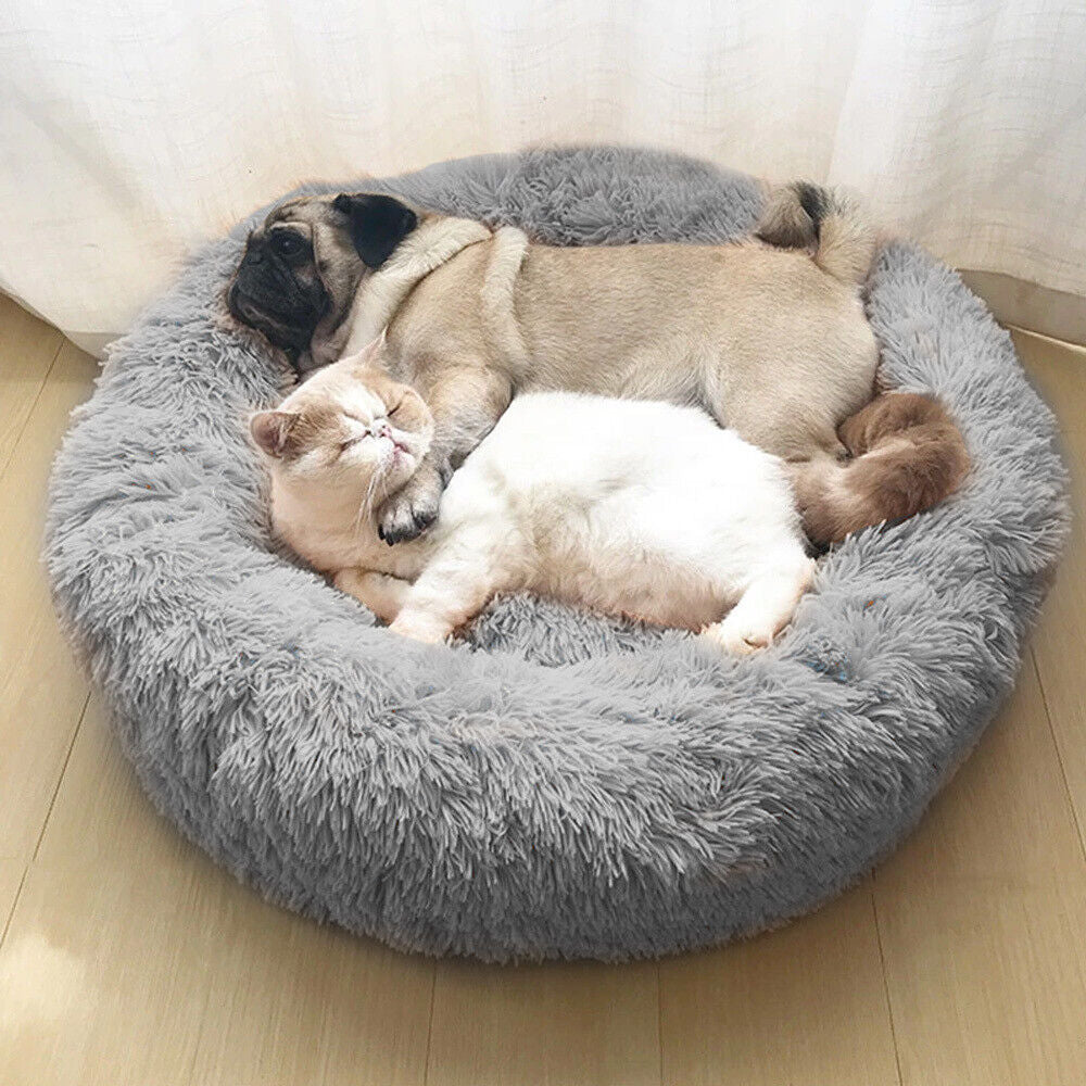 Premium Donut Plush Pet Dog Cat Bed Fluffy Soft Warm Calming Bed Sleeping Nest