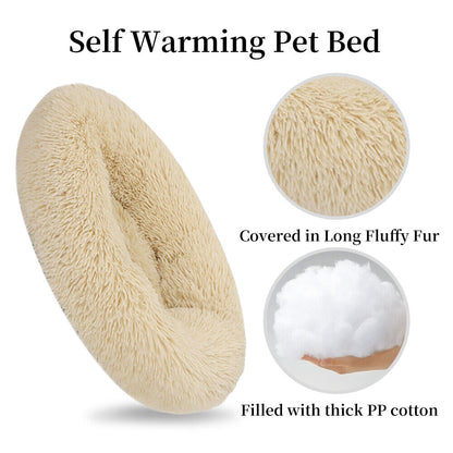 Premium Donut Plush Pet Dog Cat Bed Fluffy Soft Warm Calming Bed Sleeping Nest