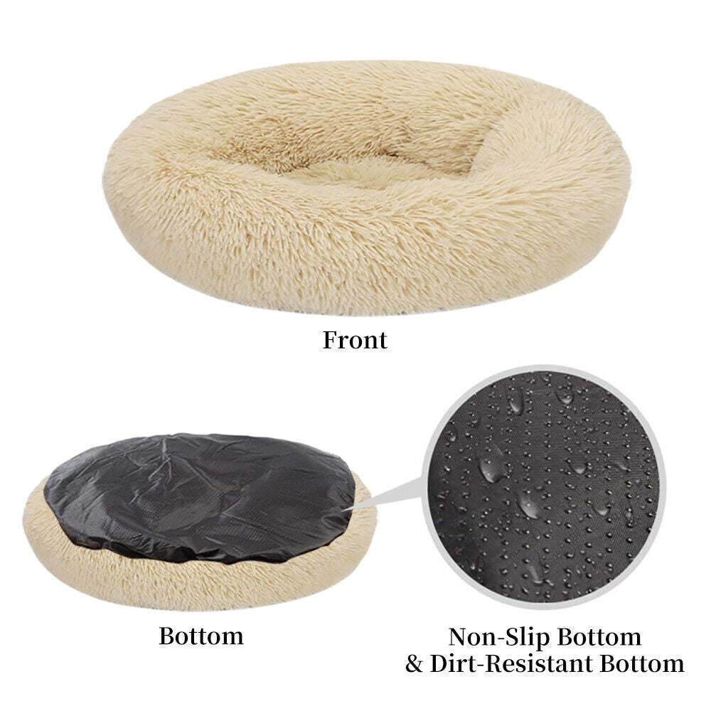 Premium Donut Plush Pet Dog Cat Bed Fluffy Soft Warm Calming Bed Sleeping Nest