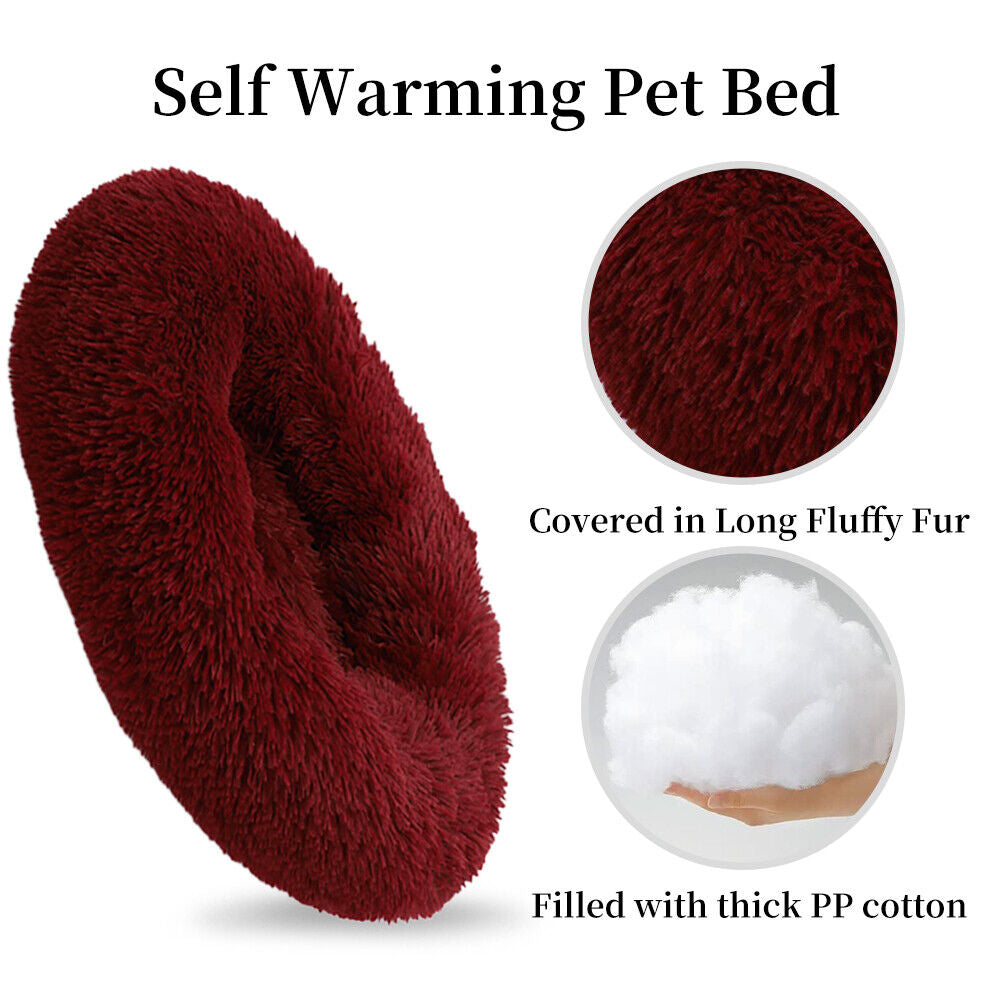 Premium Donut Plush Pet Dog Cat Bed Fluffy Soft Warm Calming Bed Sleeping Nest