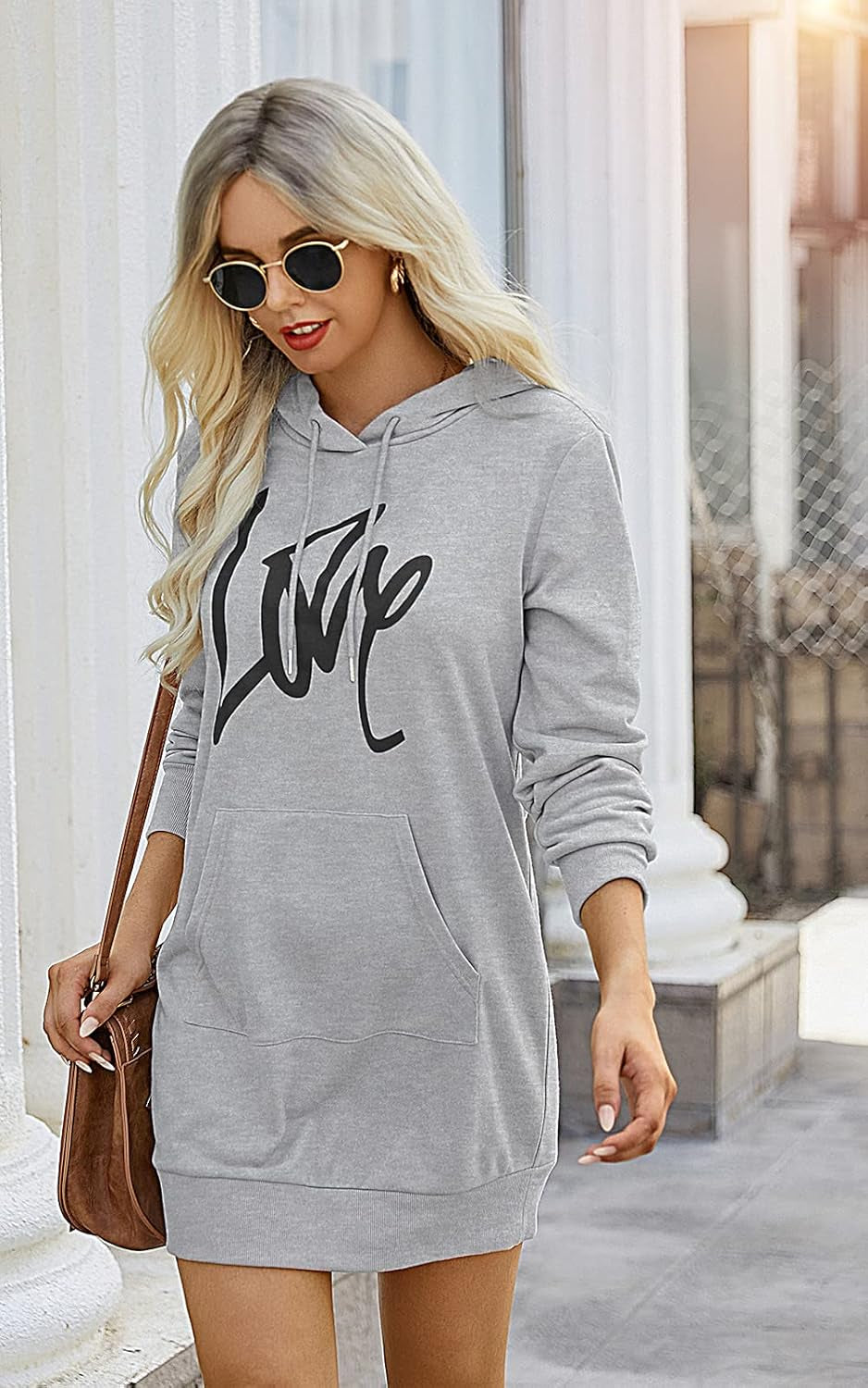 Women'S Hooded Sweatshirt Drawstring Lightweight Long Sleeve Pullover Hoodie Dress