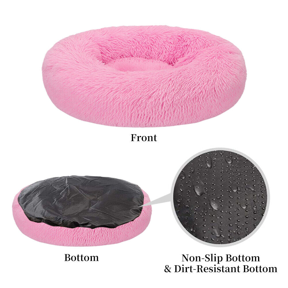 Premium Donut Plush Pet Dog Cat Bed Fluffy Soft Warm Calming Bed Sleeping Nest