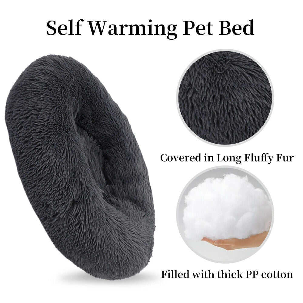 Premium Donut Plush Pet Dog Cat Bed Fluffy Soft Warm Calming Bed Sleeping Nest