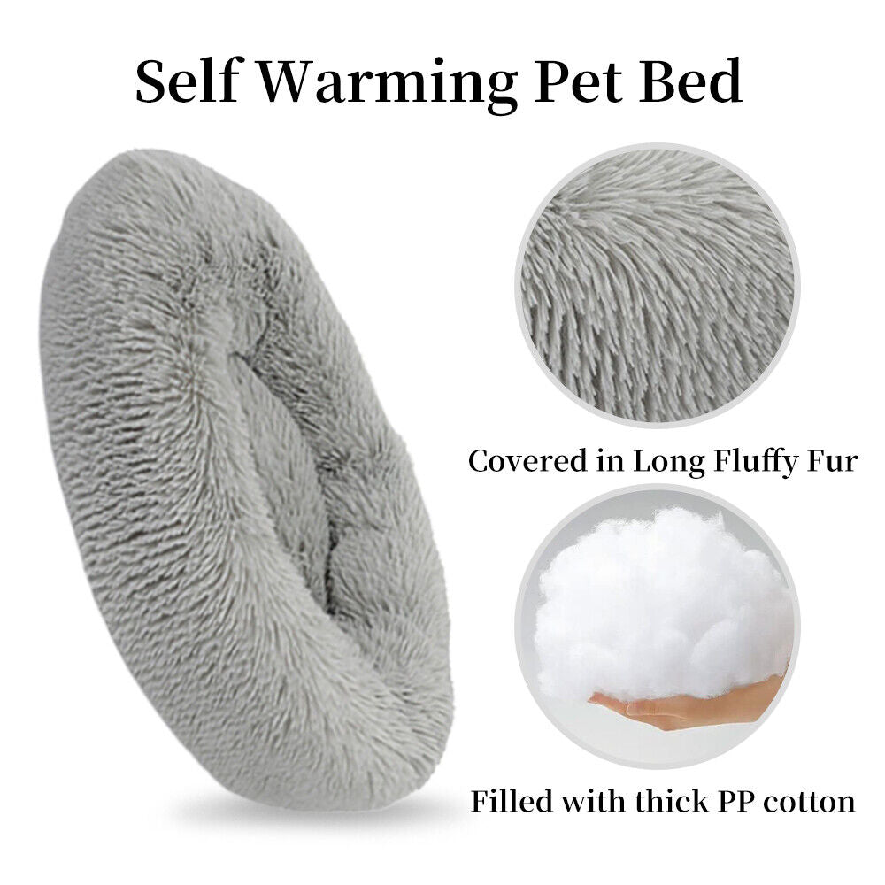 Premium Donut Plush Pet Dog Cat Bed Fluffy Soft Warm Calming Bed Sleeping Nest